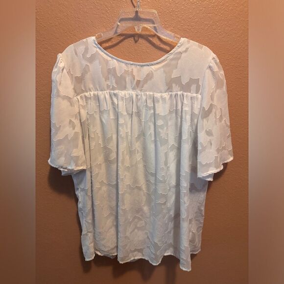 Womens 3 4 Bell Sleeve Blouse Summer Crewneck Lace Floral Textured Babydoll - Picture 4 of 11